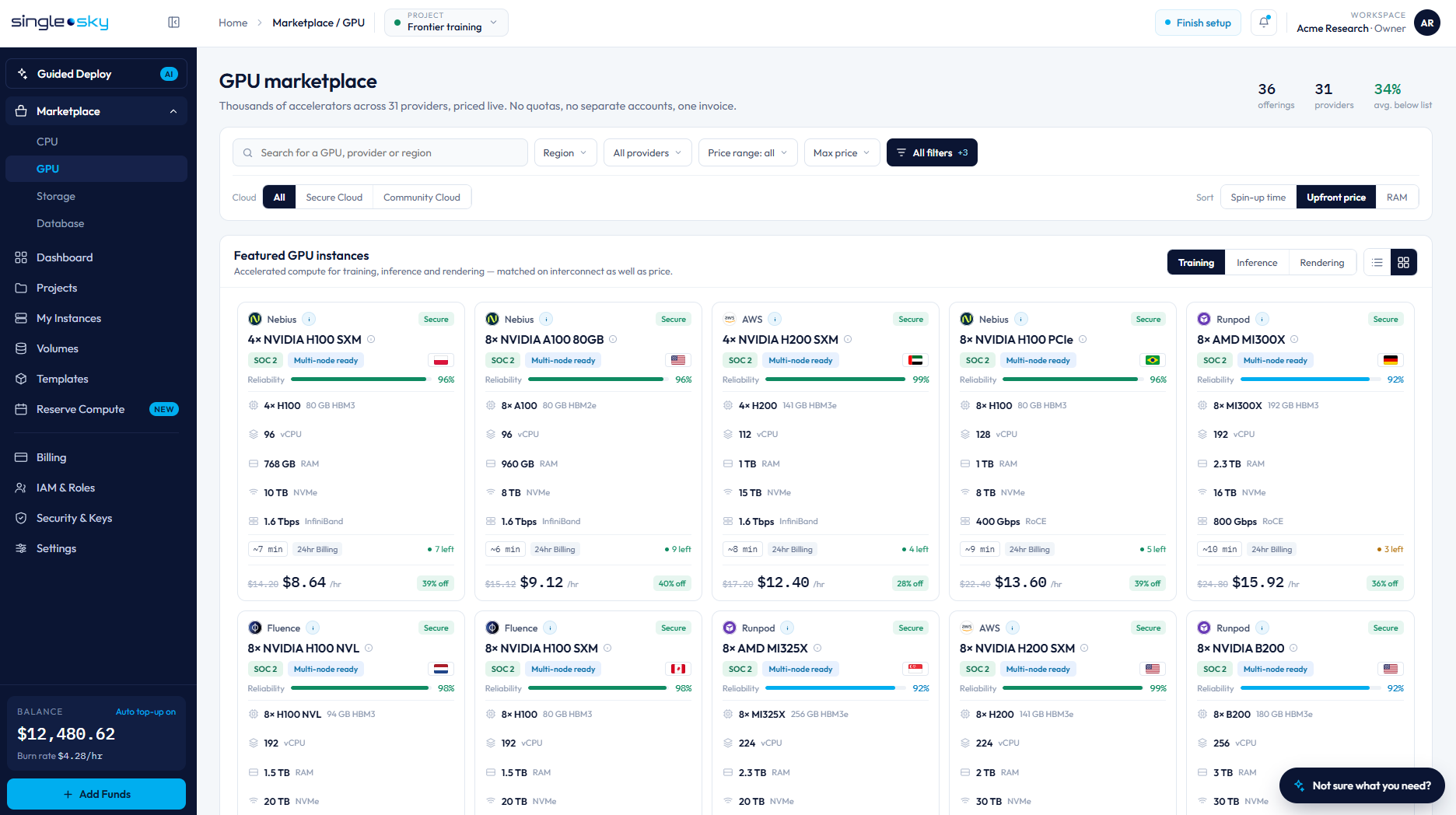 The Single Sky GPU marketplace comparing accelerators across 31 providers