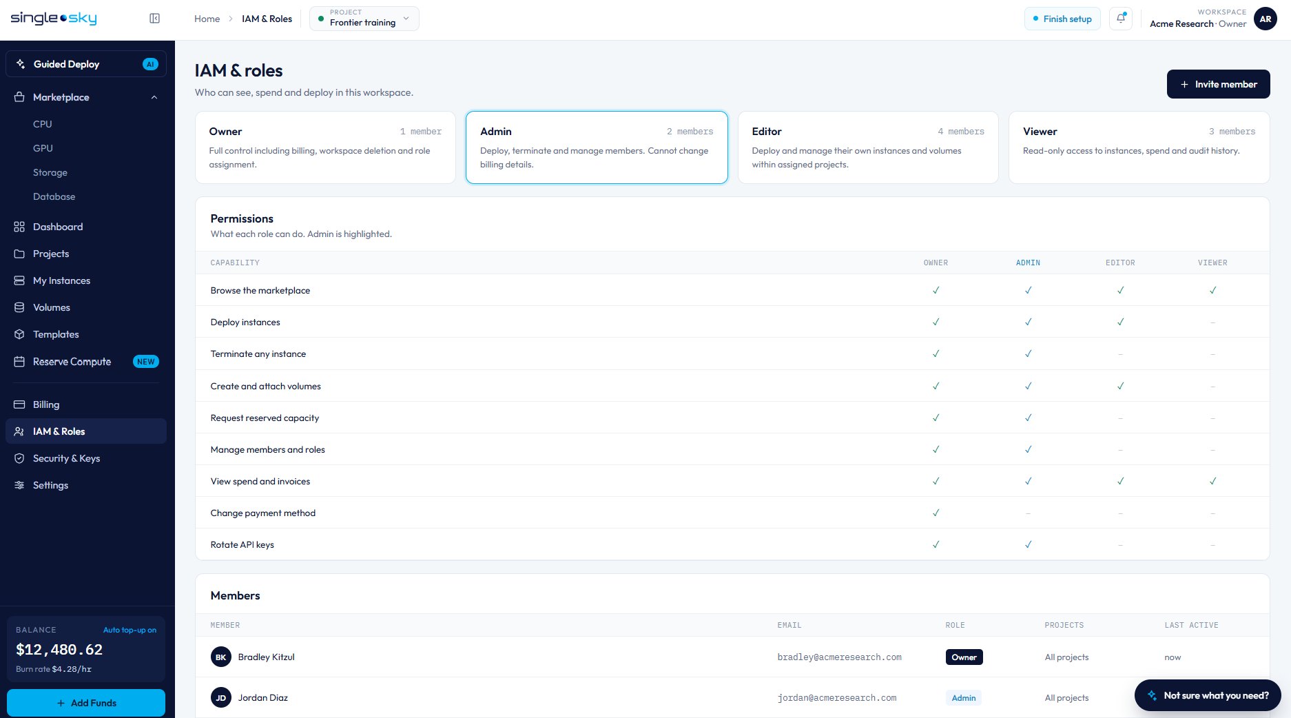 IAM and roles in the Single Sky console: Owner, Admin, Editor and Viewer with a permissions matrix